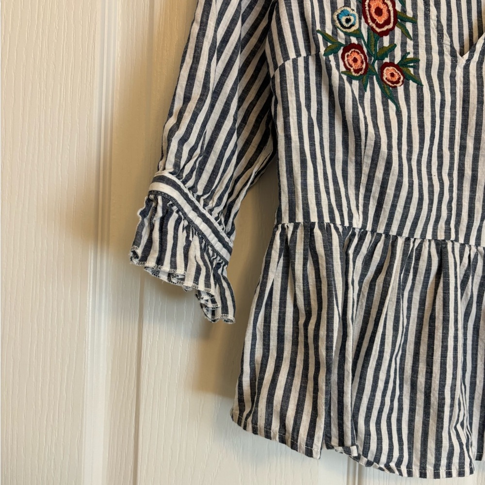 ADELINE Blue and White Striped Blouse with Floral Embroidery - Picture 7 of 12